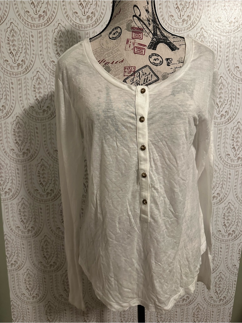 J Brand White Long-Sleeve Henley with Button Placket